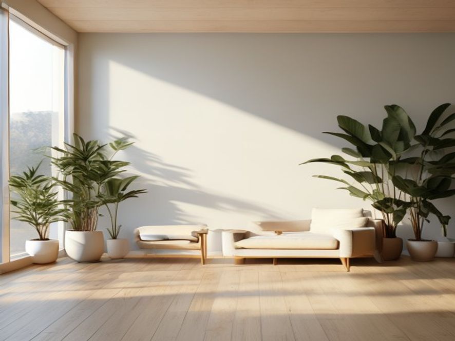 Minimalistisk soveværelse med naturlig træinventar og varmt lys fra natlampe